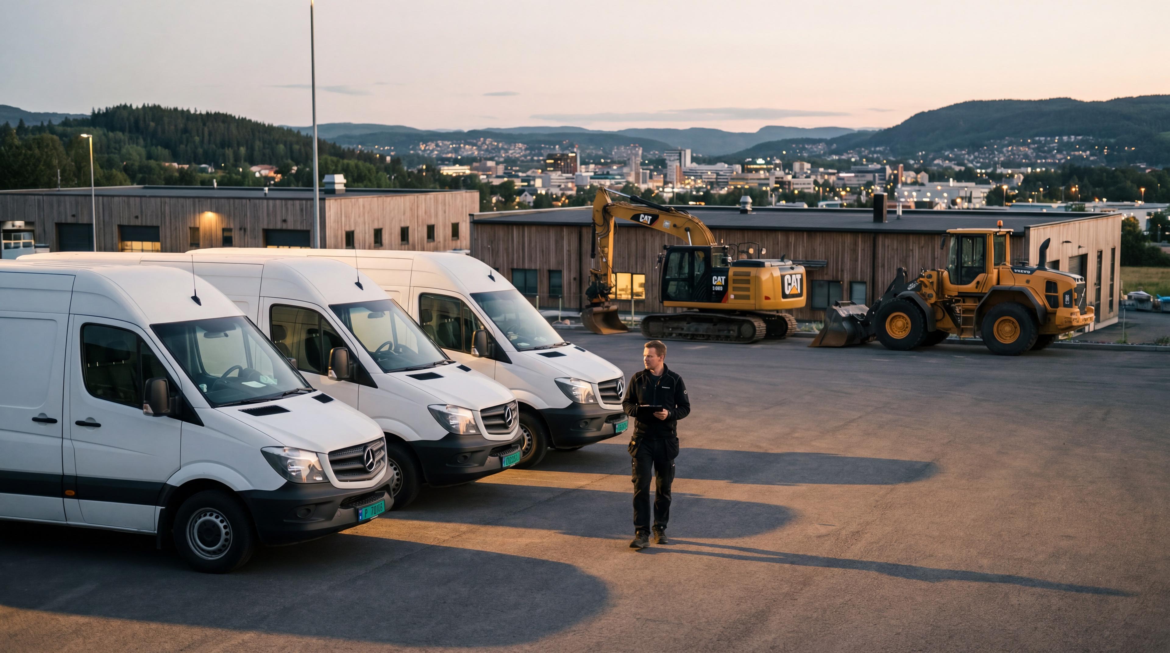 Norsk flåte ved et industrianlegg i en medium-stor norsk by — varebiler og anleggsmaskiner samlet i golden hour-lys.
