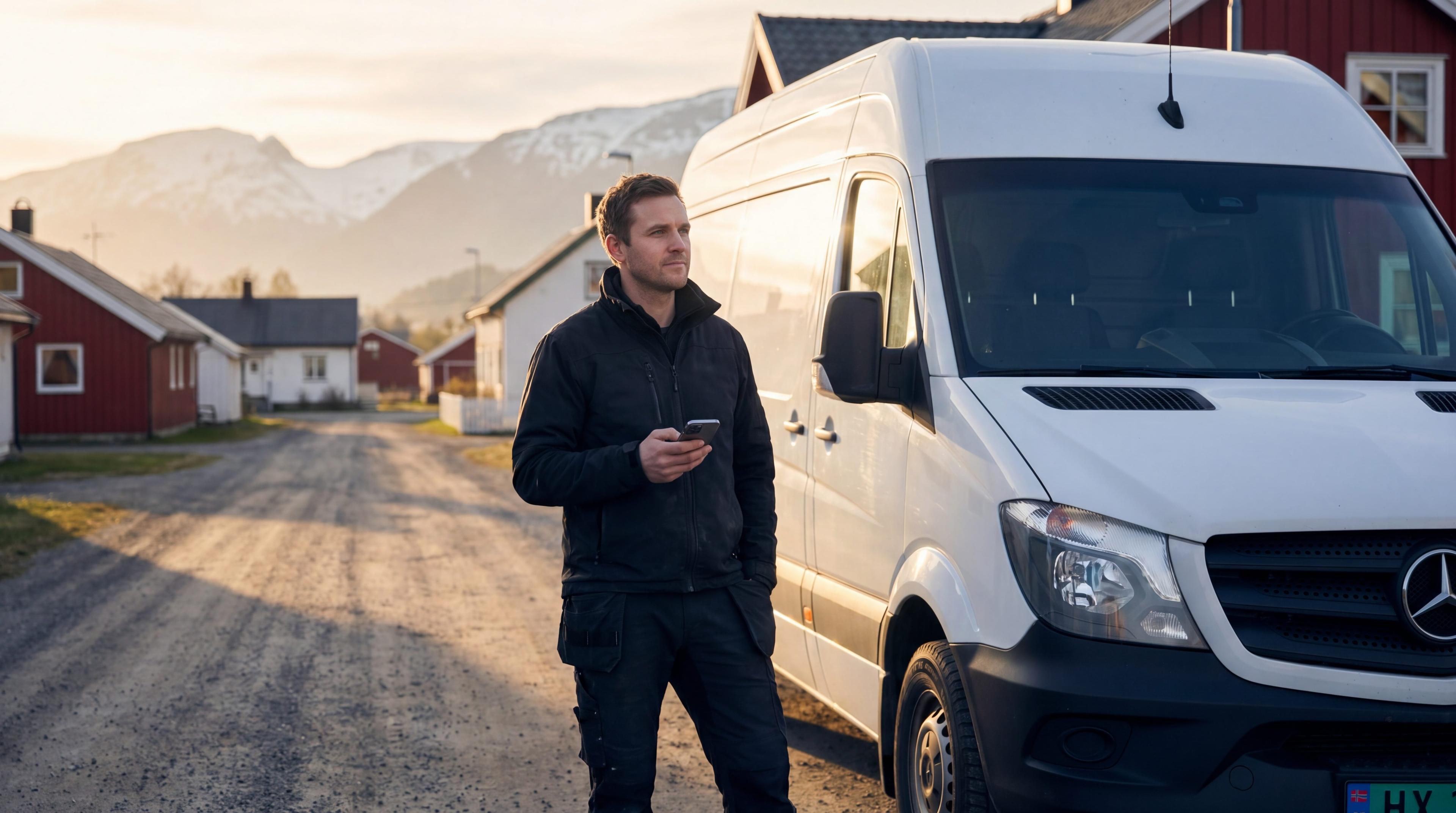 Norsk håndverker ved en hvit Mercedes Sprinter varebil i gylden morgenlys på en landlig grusvei.